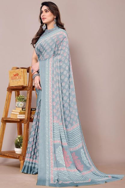 Women's Chiffon Block Printed Saree with Blouse Piece