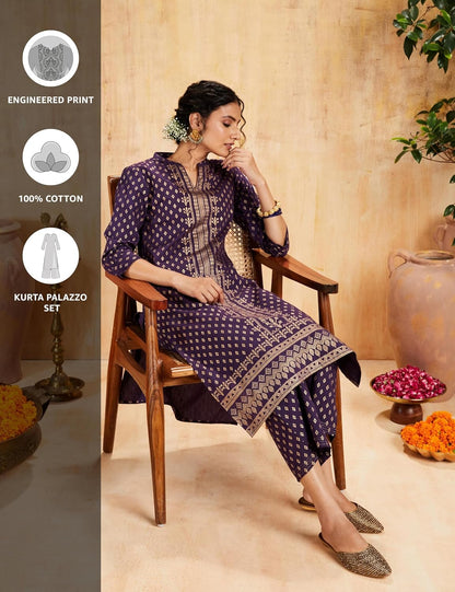 Myx Women's Solid Straight Printed Kurta and Pant