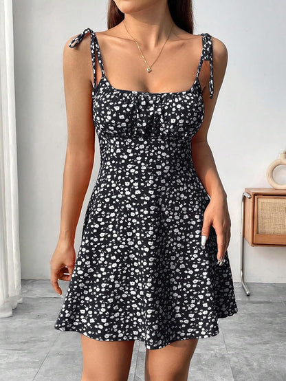 Aahwan Summer Vacation Style Floral Print Spaghetti Strap with Shoulder Ties Mini DressFor Women's & Girl's