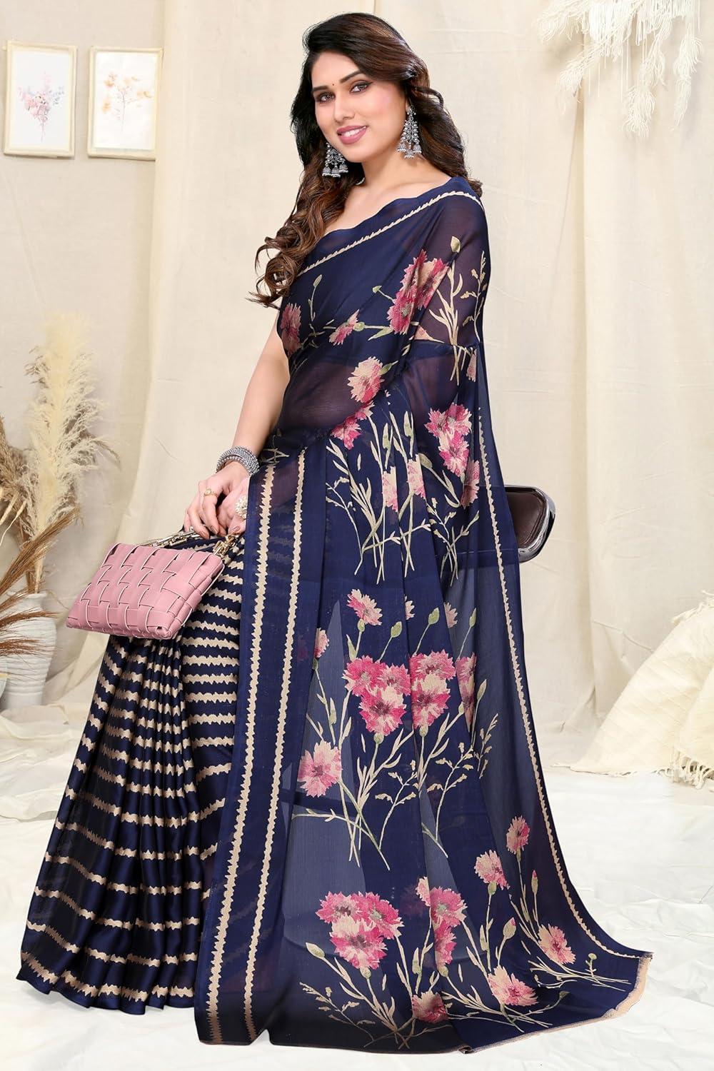 FASHION Women's  Floral Printed Saree with Blouse Piece