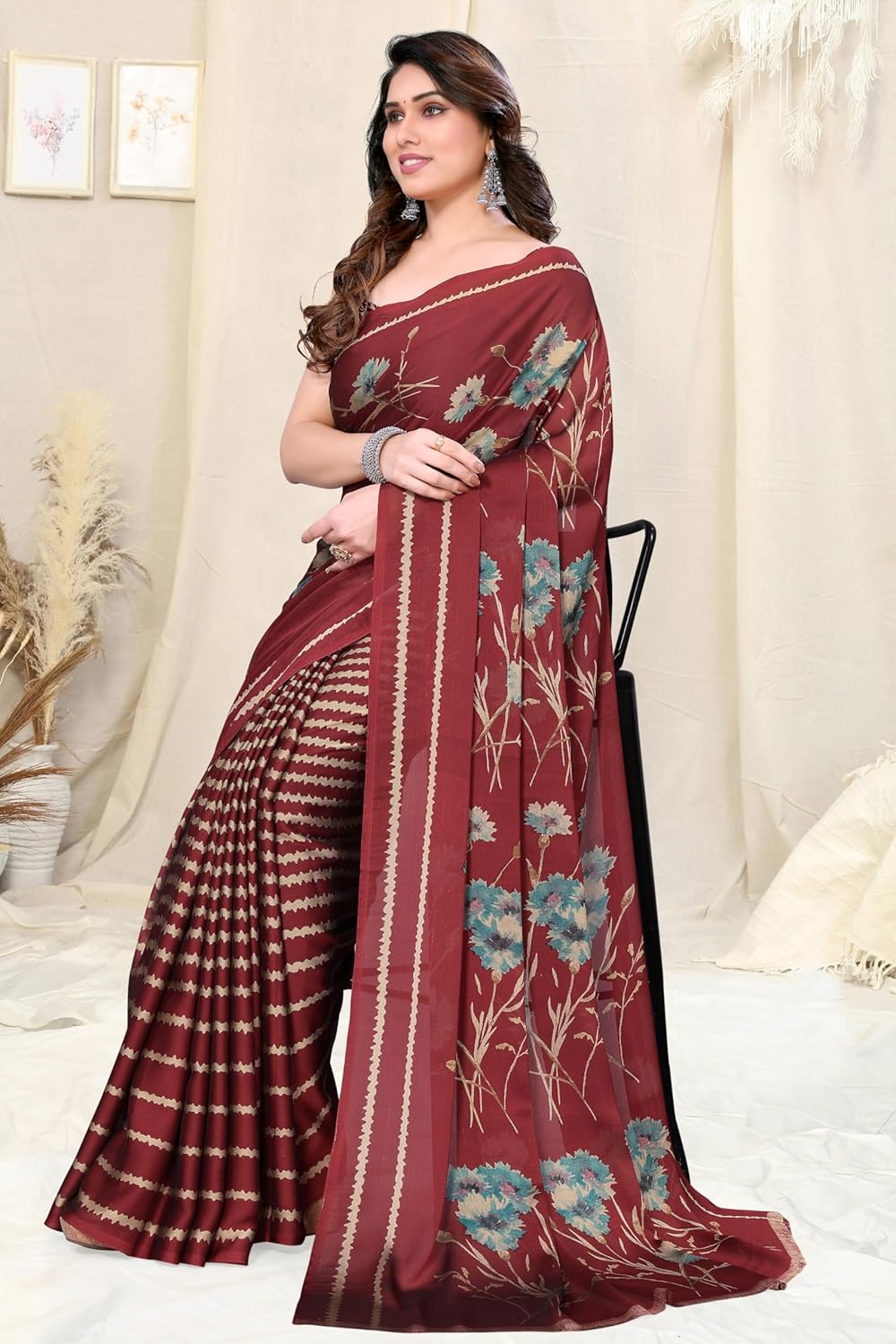 FASHION Women's  Floral Printed Saree with Blouse Piece