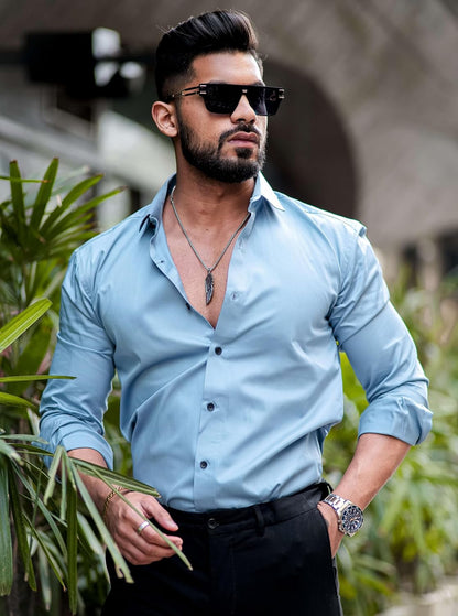 IndoPrimo Men's Casual Solid Satin Shirt for Men