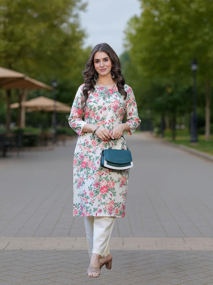 Royal Export Women's Floral Printed Beige Cotton Blend
