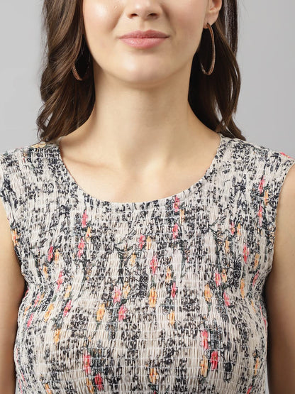 Women's Off White Georgette Floral Printed Tiered Western Dress