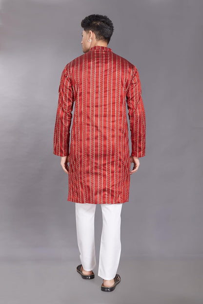 Men's Self Woven Jequard Art Silk Slim Fit Only Kurta