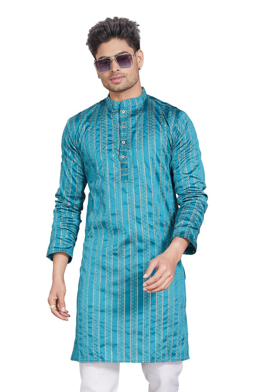 Men's Self Woven Jequard Art Silk Slim Fit Only Kurta