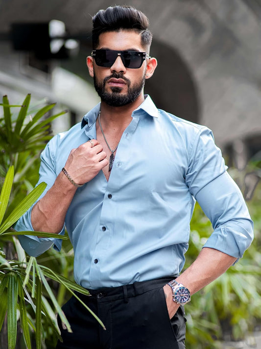 IndoPrimo Men's Casual Solid Satin Shirt for Men
