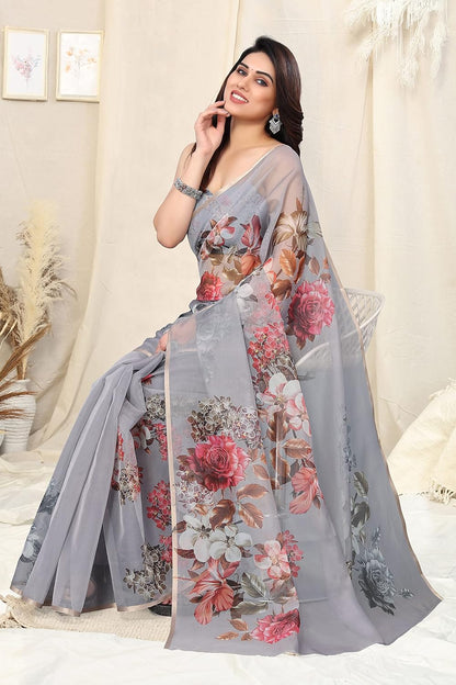 Printed Women's Organza Saree Design with Blouse Piece