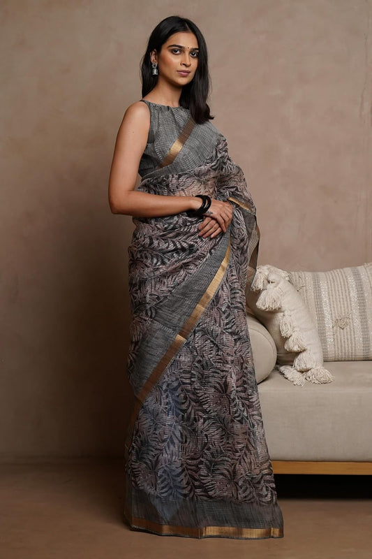KotaDoriaPolyester Mix Leaf Floral Printed Saree