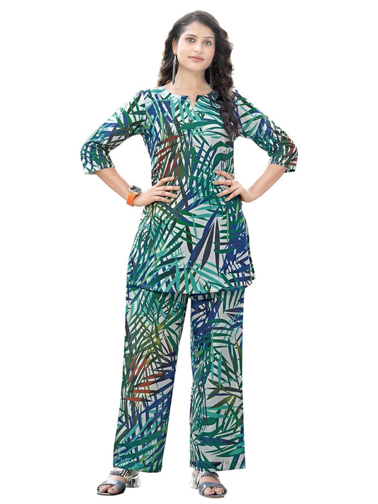 NAINVISH Women's Cotton Blend Green Printed V-Neck