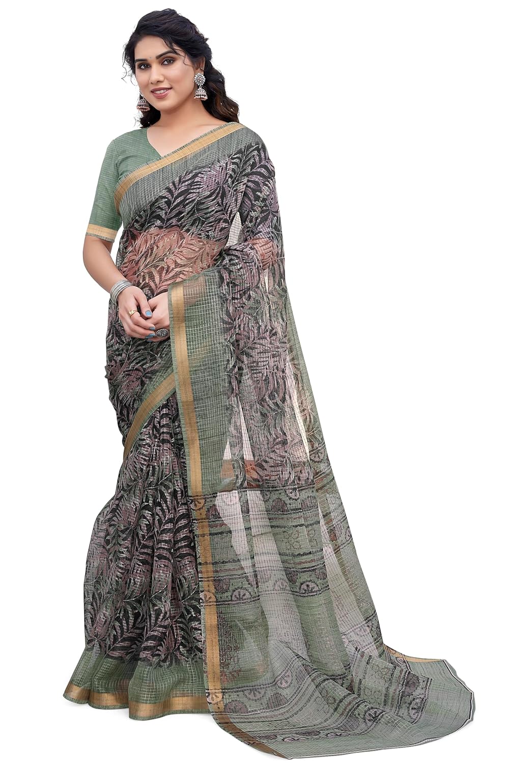 KotaDoriaPolyester Mix Leaf Floral Printed Saree