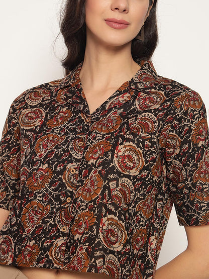 HION HILS Women's Kalamkari Printed Cuban Collar