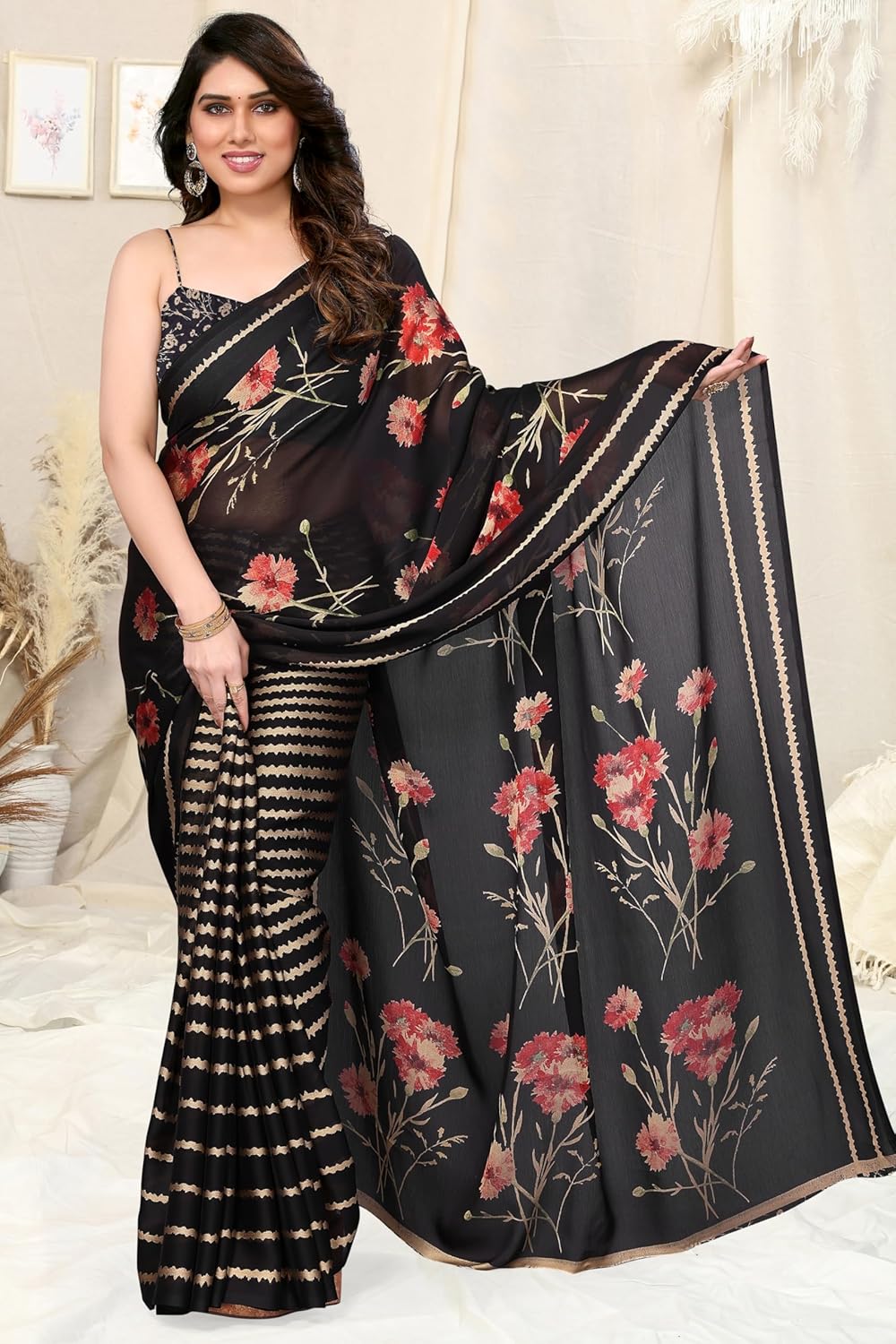 FASHION Women's  Floral Printed Saree with Blouse Piece