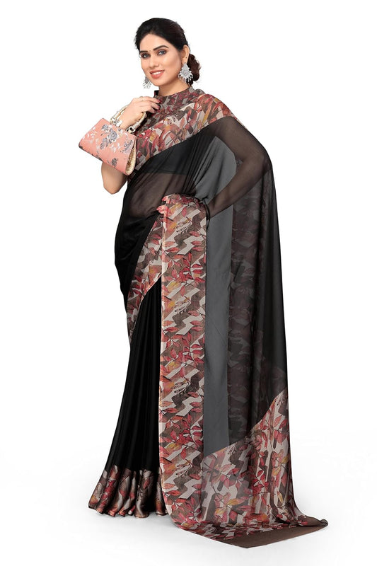 Beautiful Contrast Leaf Border Printed Design Solid Saree
