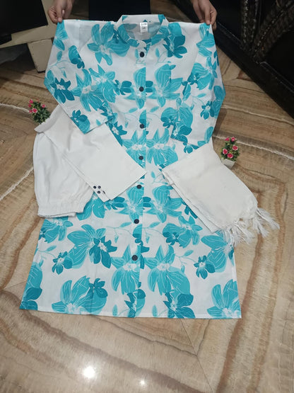 Women's Cotton Floral Print Kurti Pant Set with Dupatta
