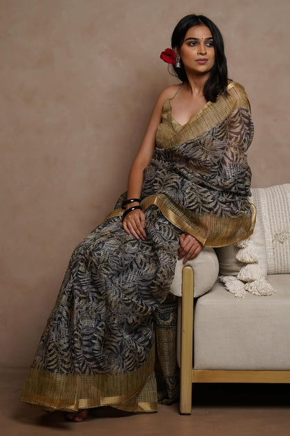 KotaDoriaPolyester Mix Leaf Floral Printed Saree