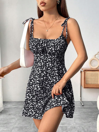 Aahwan Summer Vacation Style Floral Print Spaghetti Strap with Shoulder Ties Mini DressFor Women's & Girl's