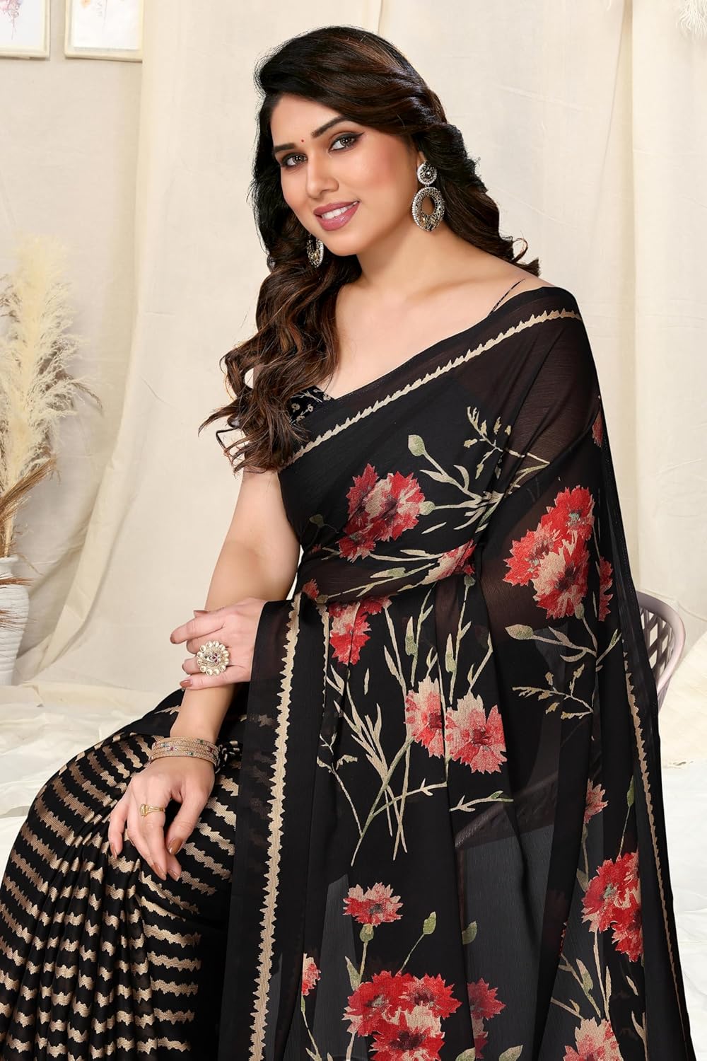 FASHION Women's  Floral Printed Saree with Blouse Piece