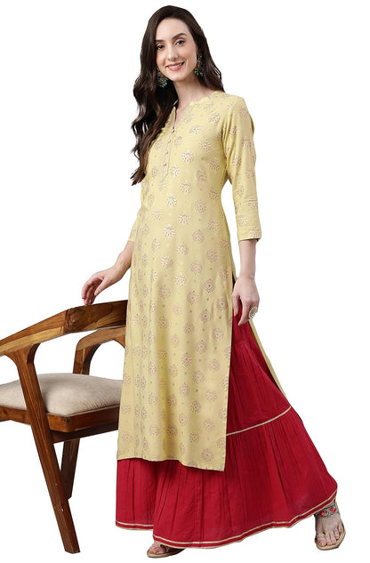 Women's Orange Rayon Gold Floral Print Straight Kurta