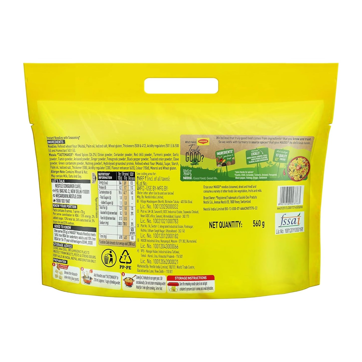 MAGGI 2-Minute Instant Noodles,Masala Noodles, Favourite Masala Taste, 560 g Pouch | 8 Packs