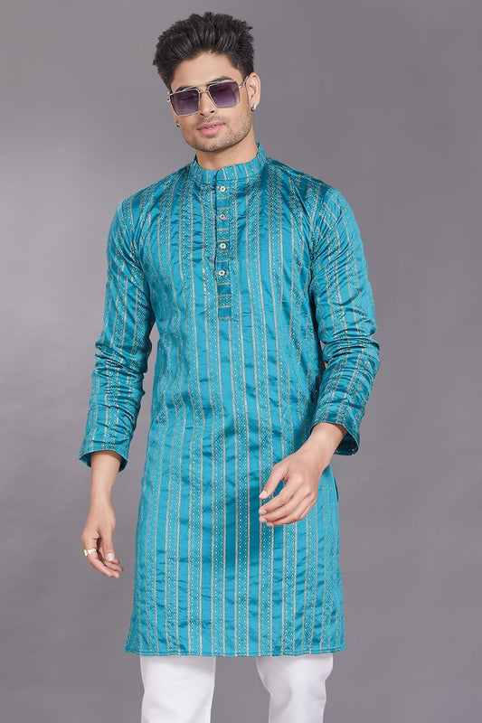 Men's Self Woven Jequard Art Silk Slim Fit Only Kurta