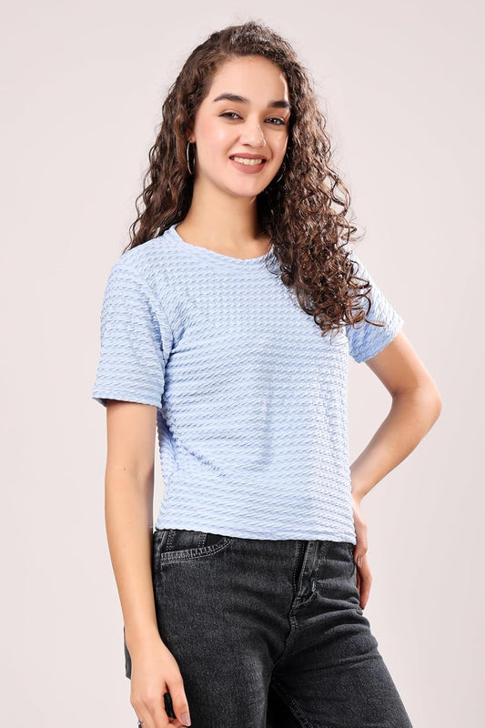 TQH Slim Fit Textured Stretchable Round Neck Textured Knit Short Sleeve Crop Top for Women