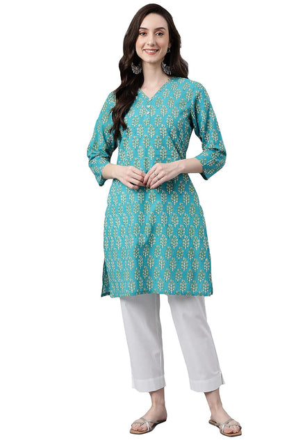 Women's Orange Rayon Gold Floral Print Straight Kurta