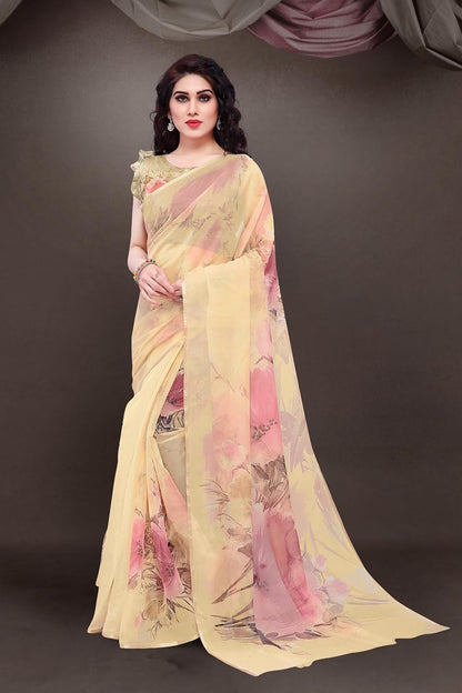 Printed Women's Organza Saree Design with Blouse Piece