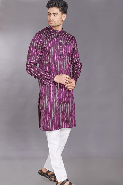 Men's Self Woven Jequard Art Silk Slim Fit Only Kurta