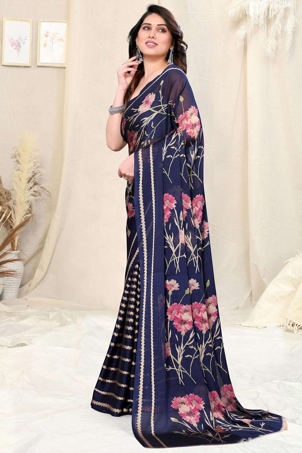 FASHION Women's  Floral Printed Saree with Blouse Piece