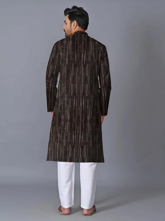 Men's Cotton Blend Full Sleeves Striped Long Ethnic Kurta