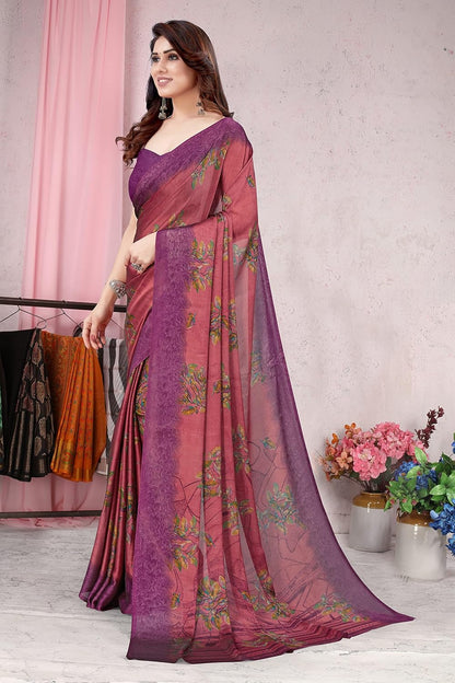 Women's Stylish Chiffon  Print Saree with Blouse Piece