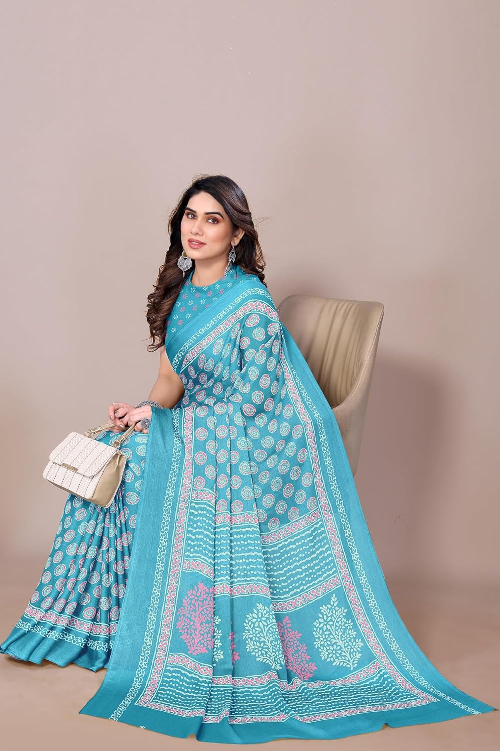 Women's Chiffon Block Printed Saree with Blouse Piece