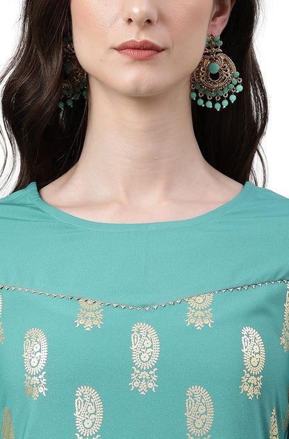 Women's Orange Rayon Gold Floral Print Straight Kurta