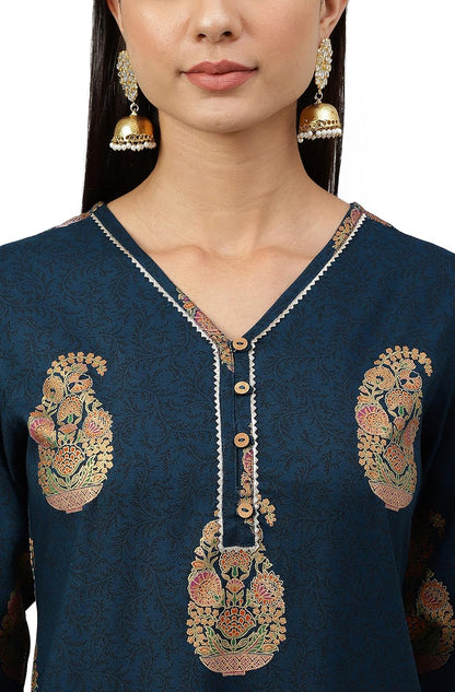 Women's Orange Rayon Gold Floral Print Straight Kurta