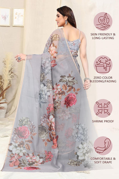 Printed Women's Organza Saree Design with Blouse Piece
