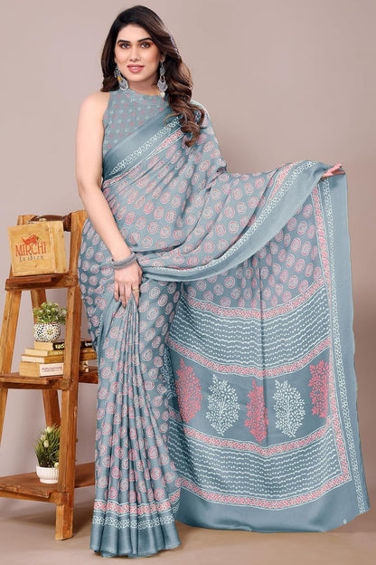 Women's Chiffon Block Printed Saree with Blouse Piece