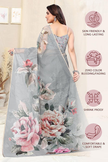Printed Women's Organza Saree Design with Blouse Piece