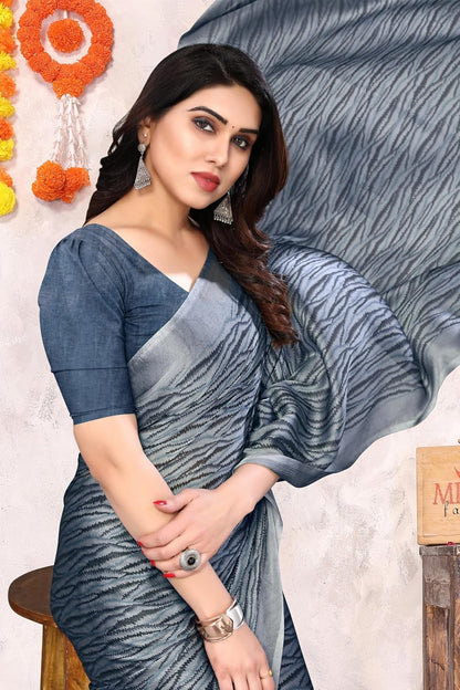 Women's Chiffon Block Printed Saree with Blouse Piece