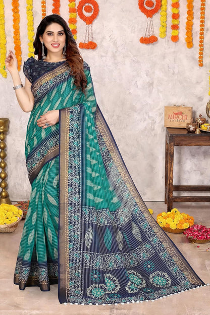 Women's Fancy Cotton  Printed Saree with Blouse Piece