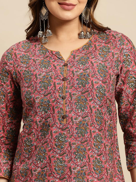 Rangita Coral Cotton Knee Length Printed Straight Kurti
