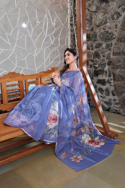 Printed Women's Organza Saree Design with Blouse Piece