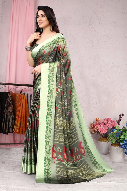 Women's Stylish Chiffon  Print Saree with Blouse Piece