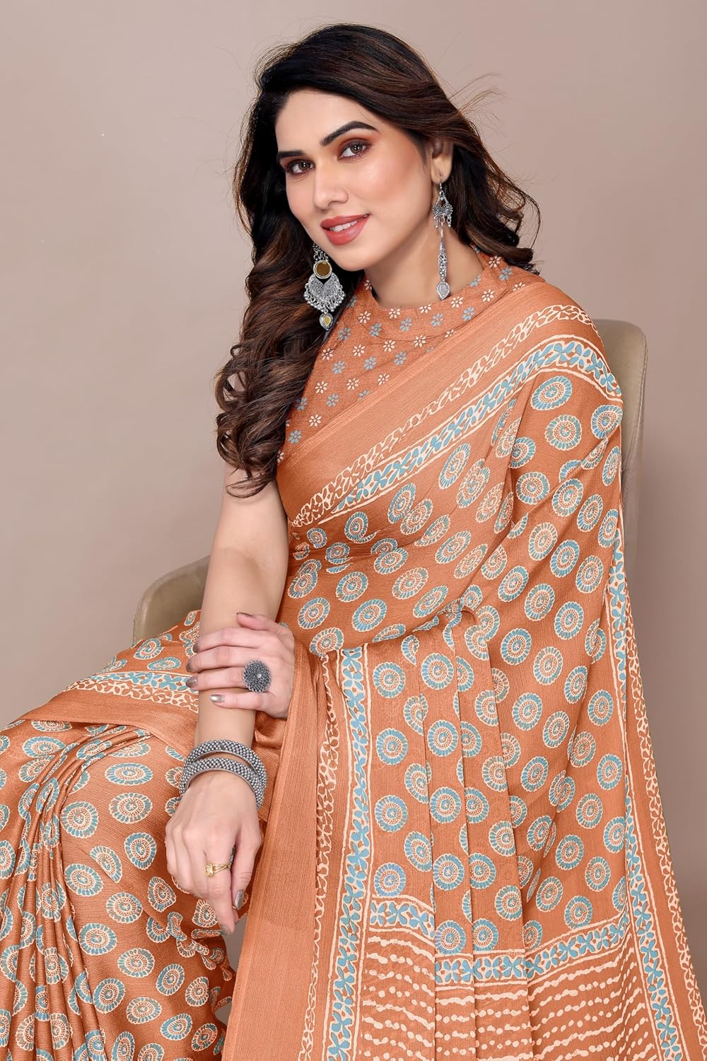 Women's Chiffon Block Printed Saree with Blouse Piece