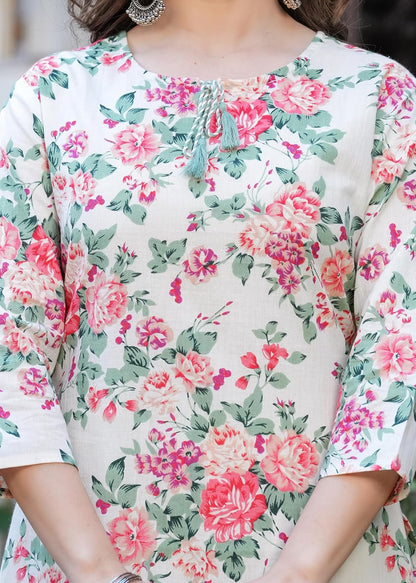 Royal Export Women's Floral Printed Beige Cotton Blend