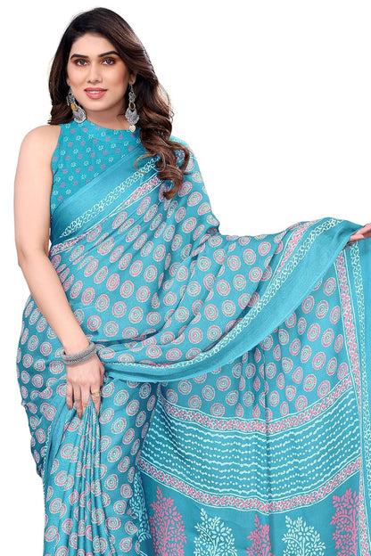 Women's Chiffon Block Printed Saree with Blouse Piece