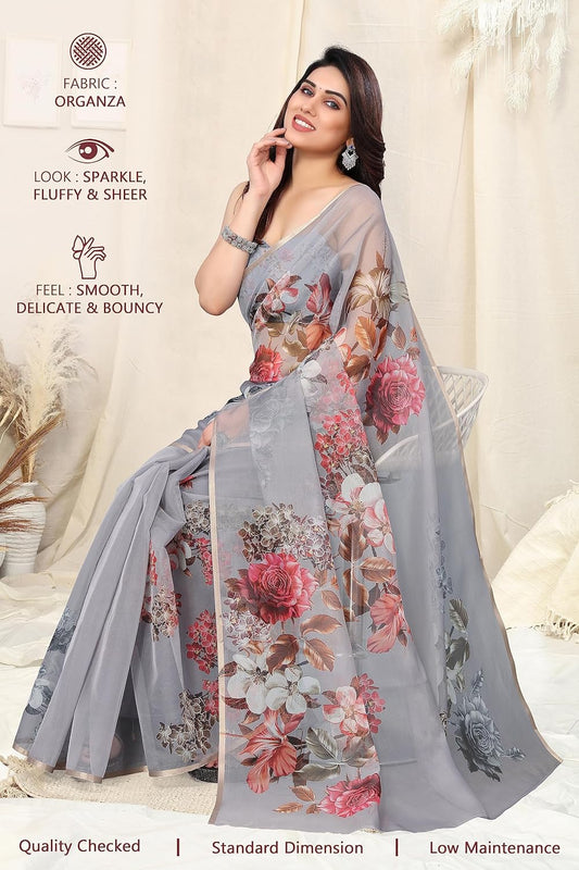 Printed Women's Organza Saree Design with Blouse Piece