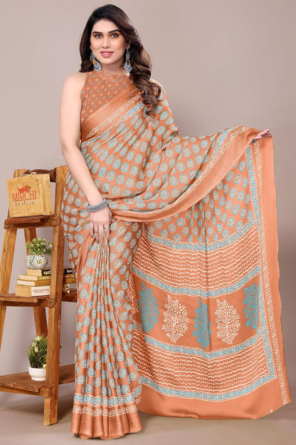 Women's Chiffon Block Printed Saree with Blouse Piece