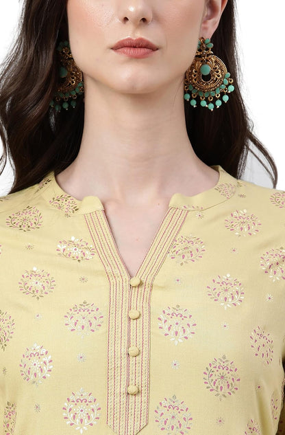 Women's Orange Rayon Gold Floral Print Straight Kurta