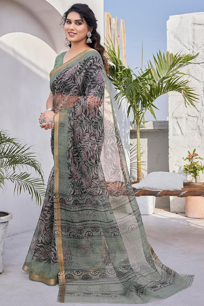 KotaDoriaPolyester Mix Leaf Floral Printed Saree